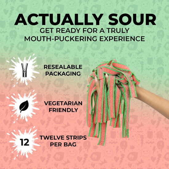  A hand holding a bunch of sour watermelon candy strips. Text on the image includes "Actually Sour," "Get Ready for a Truly Mouth-Puckering Experience," alongside three bullet points: "Resealable Packaging," "Vegetarian Friendly," and "Twelve Strips Per Bag."