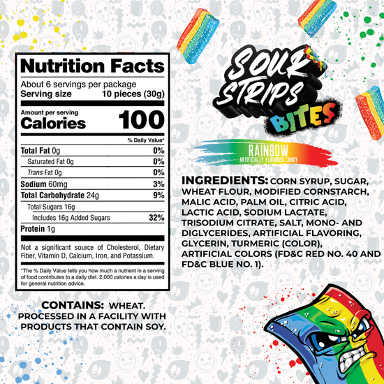 nutritional box showcasing the ingredients and caloric intake such as serving size being 10 pieces and having 6 servings per package. The image features digital versions of the candy and a cartoon character in the lower right hand corner of the rainbow character.