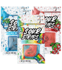 Image of the SourStrips Original Sampler-Six Pack featuring three resealable packages in Blue Raspberry, Rainbow, and Strawberry flavors. Each package boasts vibrant, colorful designs with cartoon fruit characters and visible strips of extremely sour candy.