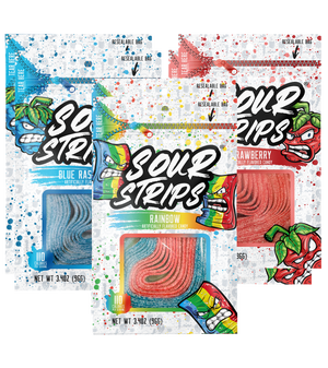 Image of the SourStrips Original Sampler-Six Pack featuring three resealable packages in Blue Raspberry, Rainbow, and Strawberry flavors. Each package boasts vibrant, colorful designs with cartoon fruit characters and visible strips of extremely sour candy.