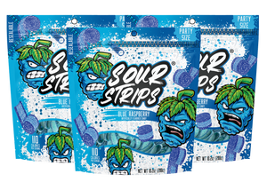 Three packages of Sour Strips Blue Raspberry Party Pack-Three Pack candies are displayed. The packaging features an image of a fierce blue raspberry character with green leaves. The text reads "Blue Raspberry" with "Party Pack" indicated at the top.