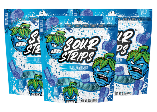 Three packages of Sour Strips Blue Raspberry Party Pack-Three Pack candies are displayed. The packaging features an image of a fierce blue raspberry character with green leaves. The text reads "Blue Raspberry" with "Party Pack" indicated at the top.