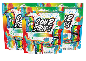 Image of the Rainbow Party Pack-Three Pack by Sour Strips featuring three colorful bags of candy in rainbow flavor. Each pack showcases a vibrant design with a cartoon candy character, paint splashes, and a clear window revealing the sour candy strips inside. Net weight is 9.42 oz (267g).