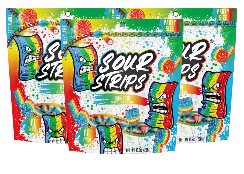 Image of the Rainbow Party Pack-Three Pack by Sour Strips featuring three colorful bags of candy in rainbow flavor. Each pack showcases a vibrant design with a cartoon candy character, paint splashes, and a clear window revealing the sour candy strips inside. Net weight is 9.42 oz (267g).