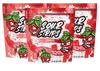 The Strawberry Party Pack-Three Pack by Sour Strips includes three bags of delicious strawberry-flavored candy. The vibrant red packaging showcases an illustrated angry strawberry character, with each resealable bag labeled "Party Size" and "110 calories per serving." This Party Pack has a net weight of 12 oz (340g).