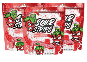The Strawberry Party Pack-Three Pack by Sour Strips includes three bags of delicious strawberry-flavored candy. The vibrant red packaging showcases an illustrated angry strawberry character, with each resealable bag labeled "Party Size" and "110 calories per serving." This Party Pack has a net weight of 12 oz (340g).
