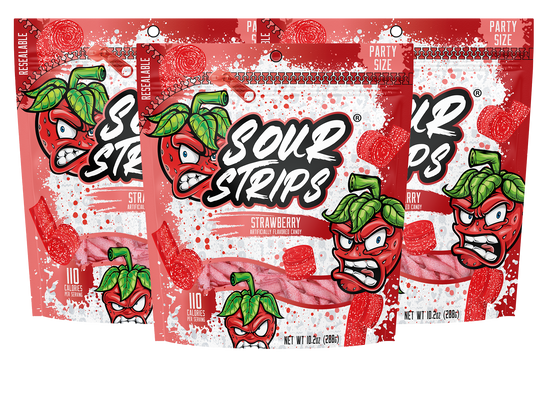 The Strawberry Party Pack-Three Pack by Sour Strips includes three bags of delicious strawberry-flavored candy. The vibrant red packaging showcases an illustrated angry strawberry character, with each resealable bag labeled "Party Size" and "110 calories per serving." This Party Pack has a net weight of 12 oz (340g).