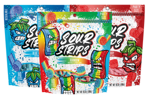 Three vibrant bags of Sour Strips candy are displayed, featuring the Party Pack Combo-Three Pack. The flavors include Blue Raspberry, Rainbow, and Strawberry, each adorned with a lively illustrated character on the package. These extremely sour treats are labeled as party-size and come in a convenient resealable Party Pack.