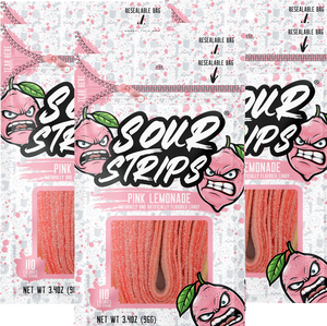 6 bags of Pink Lemonade Sour Strips candy, each weighing 3.4 ounces (96 grams). The vibrant design for each flavor mentioned, features a Pink Lemonade cartoon character on a speckled white and pink colored background that represents the flavor. These sour treats come in resealable bags for your convenience.
