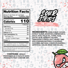 An image that has the nutritional facts for the pink lemonade flavor of sour strips. Serving size is 3 servings per package and each serving is 4 pieces of candy. The total calories per serving are 110. The total fat, saturated fat and trans fat are 0 grams. Total sodium is 65mg, total carbohydrates are 26g, total sugars 17g, including 17g added sugars. Total protein is 1g. Contains Wheat and processed in a facility that contains soy. Ingredients are listed in order on the right side with lemonade character