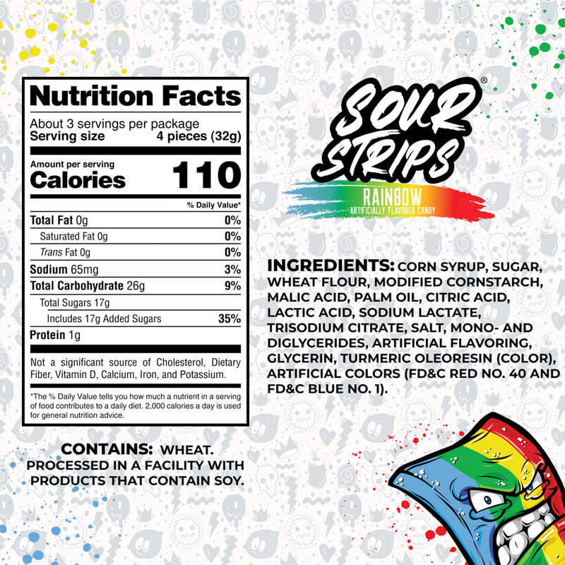 Image of nutrition facts and ingredients for Sour Strips Rainbow Party Pack-Three Pack candy. Contains 110 calories per serving (32g), 26g total carbs, 17g sugars, and 1g protein. Ingredients include corn syrup, sugar, wheat flour, and xylitol. Warning of potential allergen cross-contact. Party Pack option available from the Sour Strips brand.