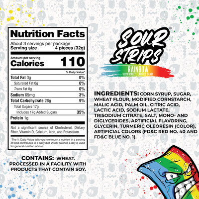 Image of SourStrips Rainbow-Six Pack candy packaging. The left side shows nutrition facts, including calories, total fat, sodium, total carbohydrates, and protein per serving. The right side lists ingredients and features a cartoon candy strip character in the bottom right corner. Comes in a resealable bag for freshness.