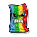 A small rectangular character with an angry facial expression featuring clenched teeth and furrowed brows. The character is divided into four vertical stripes: blue, green, yellow, and red. The character has a textured appearance with white speckles.