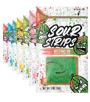 7 bags of assorted flavors of Sour Strips candy including Watermelon, Pink Lemonade, Green apple, tropical mango, rainbow, blue raspberry and strawberry, each weighing 3.4 ounces (96 grams). The vibrant design for each flavor mentioned, features a color cartoon character of that flavor on a speckled white and colored background that represents the flavor. These sour treats come in resealable bags for your convenience.