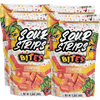 Two resealable bags from the Sour Strips Bites-Four Pack by Sour Strips, featuring the "Strawbango" flavor—a tasty blend of strawberry and mango. The packaging is adorned with cartoon strawberries and mangoes sporting fierce expressions. Net weight: 6.35 oz (180g).