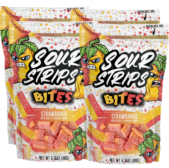 Two resealable bags from the Sour Strips Bites-Four Pack by Sour Strips, featuring the "Strawbango" flavor—a tasty blend of strawberry and mango. The packaging is adorned with cartoon strawberries and mangoes sporting fierce expressions. Net weight: 6.35 oz (180g).