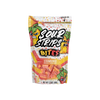 A colorful, resealable bag of Sour Strips Bites-Single Pack in strawbango flavor by Sour Strips. The packaging showcases illustrated fruit characters, including an angry strawberry and mango with sour expressions. Inside, the rectangular candies are sugar-coated for a burst of rainbow flavor. Net weight: 3.5 oz (100g).