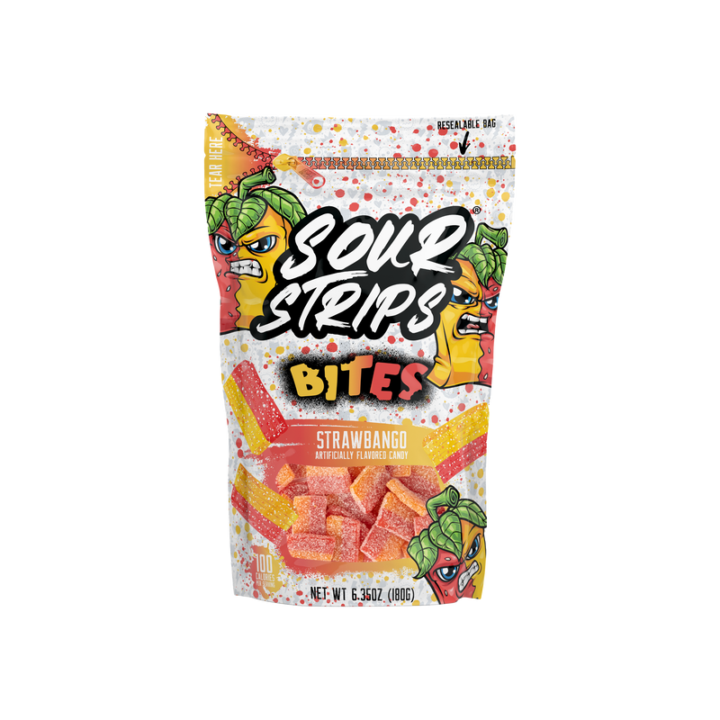 A colorful, resealable bag of Sour Strips Bites-Single Pack in strawbango flavor by Sour Strips. The packaging showcases illustrated fruit characters, including an angry strawberry and mango with sour expressions. Inside, the rectangular candies are sugar-coated for a burst of rainbow flavor. Net weight: 3.5 oz (100g).