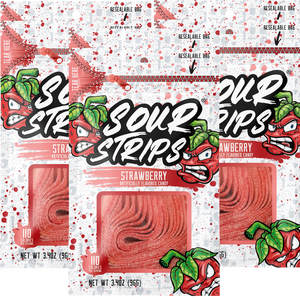 Multiple overlapping packages of SourStrips Strawberry-Six Pack candy. The packaging features a red and white design adorned with strawberry illustrations and the product name in bold letters. Nutritional information and the phrase "resealable bag" are also visible on these extremely sour treats.