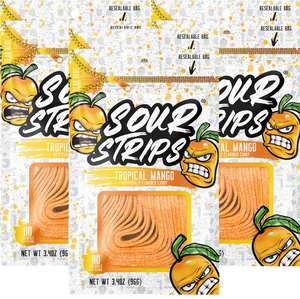 Three packages of SourStrips Tropical Mango-Six Pack candy. Each resealable bag features cartoon illustrations of a sour-looking mango. The white packaging, with yellow and orange design accents, shows the extremely sour candy strips inside.