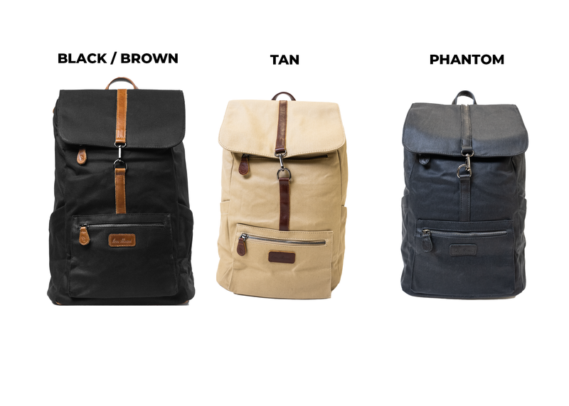 Three stylish SourStrips Sick Backpacks are displayed against a white background. From left to right: a black backpack with brown straps labeled "BLACK / BROWN," a tan backpack labeled "TAN," and a dark gray backpack labeled "PHANTOM." All feature front pockets and buckle closures. Note: No returns for defective items.