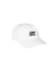 white hat with curved brim. Sour Strips logo on front center of hat in white black color. 