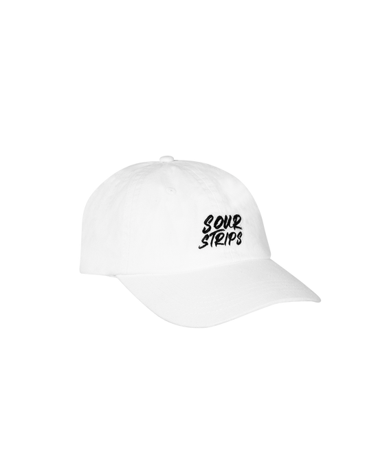 white hat with curved brim. Sour Strips logo on front center of hat in white black color. 