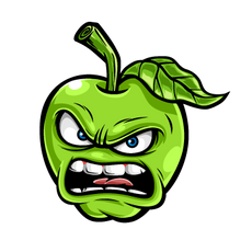A green apple with a leaf on its stem is depicted with an angry expression. Its eyes are narrowed and its mouth is open, showing teeth, giving it a fierce and intense look. The black background makes the vibrant green of the apple stand out.