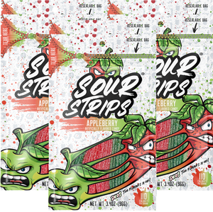 The "Appleberry-Six Pack" by SourStrips features an angry apple and berry cartoon, hinting at the super sour candy inside. Green and red strips peek through a clear panel. With 110 calories per serving, this resealable pack keeps your Appleberry Duos fresh.
