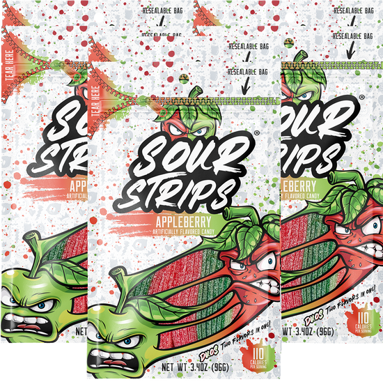 The "Appleberry-Six Pack" by SourStrips features an angry apple and berry cartoon, hinting at the super sour candy inside. Green and red strips peek through a clear panel. With 110 calories per serving, this resealable pack keeps your Appleberry Duos fresh.