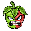 A cartoon apple with an angry expression, divided into two halves—one green and one red. It has fierce blue eyes and bared teeth, with a leafy stem on top. The green half is smooth, while the red half has sweat droplets.