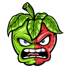 A cartoon apple with an angry expression, divided into two halves—one green and one red. It has fierce blue eyes and bared teeth, with a leafy stem on top. The green half is smooth, while the red half has sweat droplets.
