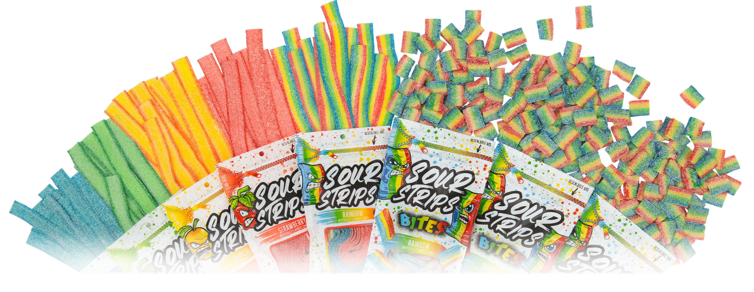 An assortment of colorful, sour candy strips and bites arranged in a semicircle. The treats include various flavors and colors, such as blue, red, green, and rainbow. The candies are accompanied by their respective packaging labeled "Sour Strips.