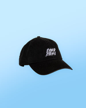Sour Strips logo on front center of hat in white color. Hat is on a blue background. 