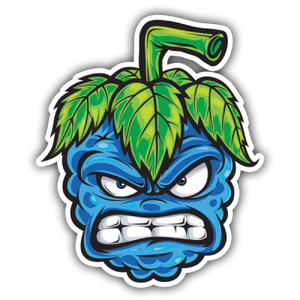 Colorful cartoon illustration of an angry blue raspberry with a scowling face, bared teeth, and furrowed eyebrows. The raspberry has green leaves on top and a small stem, all outlined with a bold white border. The background is plain black.