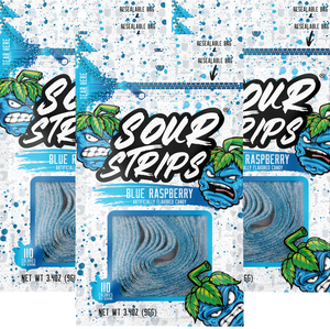 Three bags of SourStrips Blue Raspberry-Six Pack candy, each weighing 3.4 ounces (96 grams). The vibrant design features a sour blue raspberry cartoon character on a speckled blue and white background. These extremely sour treats come in resealable bags for your convenience.