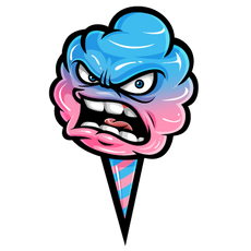 An angry-looking cartoon cotton candy with pink and blue swirls on a striped cone. The cotton candy has an aggressive facial expression, with furrowed brows, intense eyes, and bared teeth. The background is solid black.