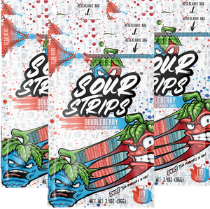 Three packs of SourStrips candy feature the "Doubleberry-Six Pack" flavor, with colorful, cartoonish artwork in a vibrant blue and red theme. Each resealable bag includes a nutritional label and promises an intensely sour experience.