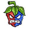 An animated fruit with a face split into two halves: the left side is red, resembling a strawberry, with an angry expression, and the right side is blue, resembling blueberries, also with an angry expression. Green leaves top the fruit, giving it a stem-like appearance.