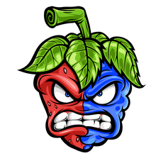 An animated fruit with a face split into two halves: the left side is red, resembling a strawberry, with an angry expression, and the right side is blue, resembling blueberries, also with an angry expression. Green leaves top the fruit, giving it a stem-like appearance.