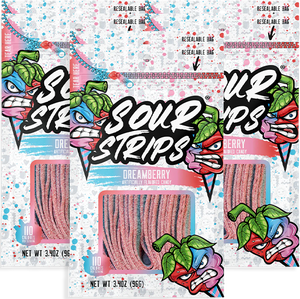 Three overlapping pink and blue Dreamberry-Six Pack bags by SourStrips, featuring bold text, colorful berry characters, and a clear window displaying striped sour duo flavor candy.