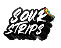 Text reads "Sour Strips" in bold, white, brushstroke-style lettering on a black background. The letter "R" in "Sour" has multicolored liquid dripping down from it, adding a playful and colorful element to the design.