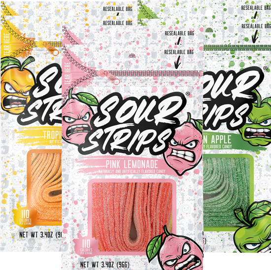 Six packs of SourStrips candy are shown in the Newbie Sampler-Six Pack, featuring mouthwatering flavors: Tropical Mango (yellow), Pink Lemonade (pink), and Green Apple (green). Each bag showcases a cartoon fruit character with a sour expression on a vibrant, speckled background, promising an extremely sour experience.