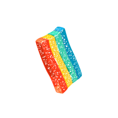 A vibrant, rectangular piece of candy features horizontal stripes in rainbow colors (red, orange, yellow, green, blue) and is sprinkled with sugar crystals. The candy appears to be chewy, with a slightly textured surface.