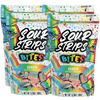 Four colorful packages of Sour Strips Bites, artificially flavored rainbow candy, are shown. The bags feature a vibrant design with multicolored candies on the front and a cartoon candy strip character wearing sunglasses. Each package weighs 6.35 ounces.