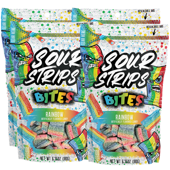 Four colorful packages of Sour Strips Bites, artificially flavored rainbow candy, are shown. The bags feature a vibrant design with multicolored candies on the front and a cartoon candy strip character wearing sunglasses. Each package weighs 6.35 ounces.