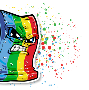 An illustration of an angry, colorful block character with a rainbow pattern. The character has a frowning face, gritted teeth, and furrowed brows, with multicolored splashes surrounding it.