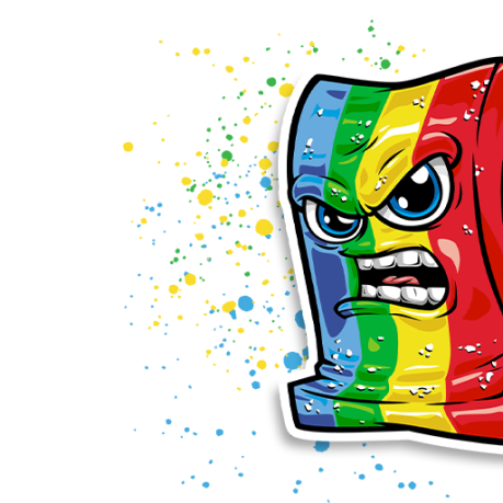 A colorful, graffiti-style, angry-looking face with intense eyes and a grimacing mouth, featuring bold stripes of green, yellow, blue, and red. Paint splatters in matching colors scatter around the face, adding a vibrant and dynamic effect.