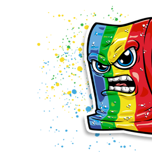 A colorful, graffiti-style, angry-looking face with intense eyes and a grimacing mouth, featuring bold stripes of green, yellow, blue, and red. Paint splatters in matching colors scatter around the face, adding a vibrant and dynamic effect.