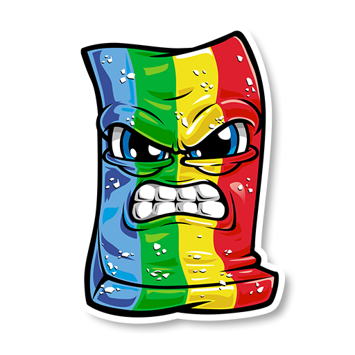 A colorful and expressive cartoon character with a gradient pattern of green, yellow, red, and blue, displaying an angry facial expression. The character has furrowed eyebrows, clenched teeth, and is slightly crumpled in shape.